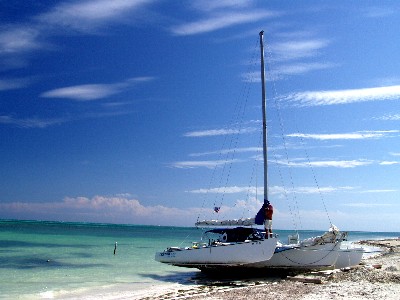 Bob's damaged trimaran on the beach.