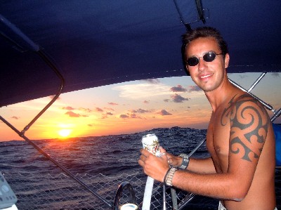 Raf, sailing at sunset on our way to Punta Allen