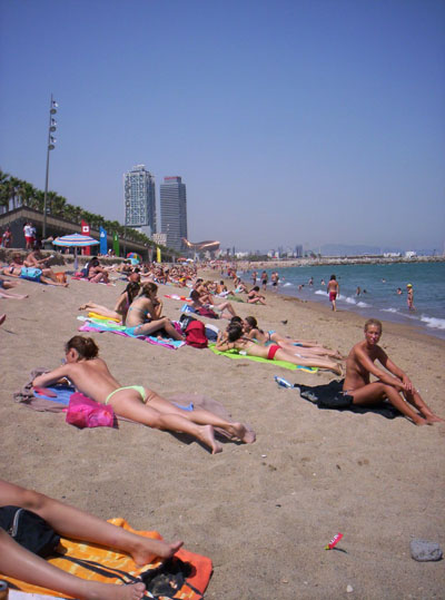 The beach at Barcelona looking towards the former Olympic Village.