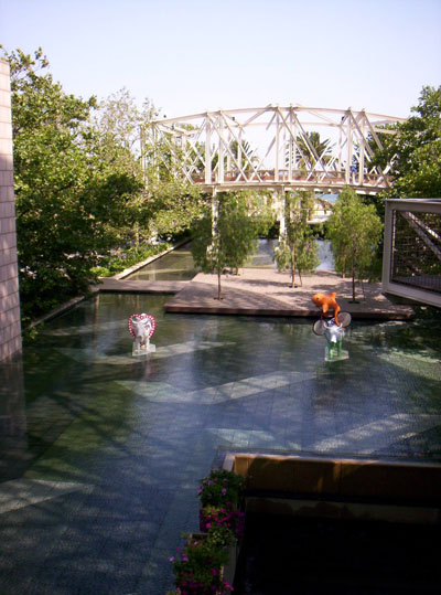 The fountain garden and pools of the Olympic Village. 