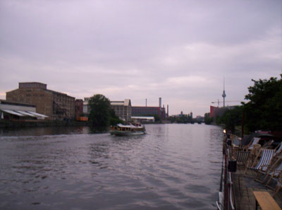 Riverside barge converted into a cafe, over the Spree