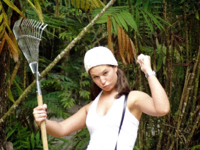 Teresa with a rake