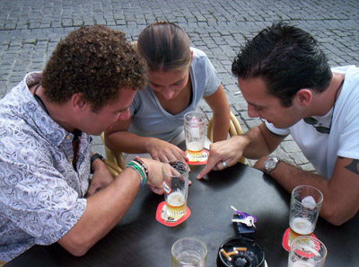 Miet, Raf, and me pointing at a fictional Belgian flea on the table. Don't ask...