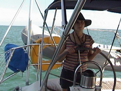 Mahi at the wheel during the maiden run, being ever-so-cautious...